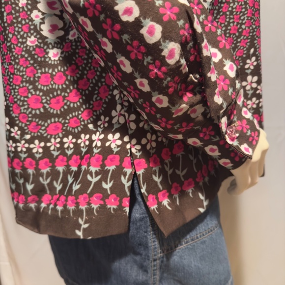 70s Mod Boho Pink Floral Blouse Pink Brown Pop Art  Big Collar Sz Large - Picture 6 of 6